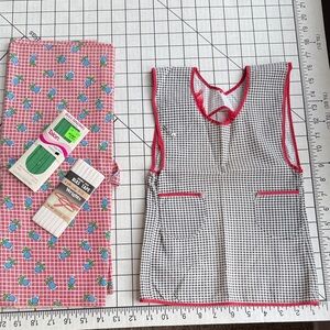 Vintage 1940s–50s Sewing Lot – Gingham Child’s Apron, Red Grid Blueberry Fabric